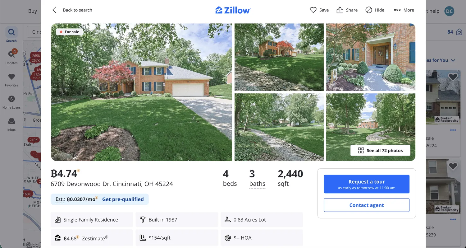 Zillow listing showing sale price in Bitcoin instead of USD